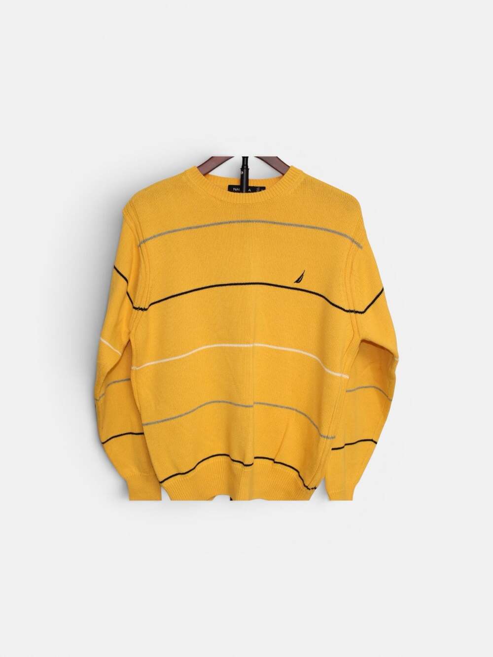 Nautica Men's Yellow Crewneck Sweater with Horizontal Stripes